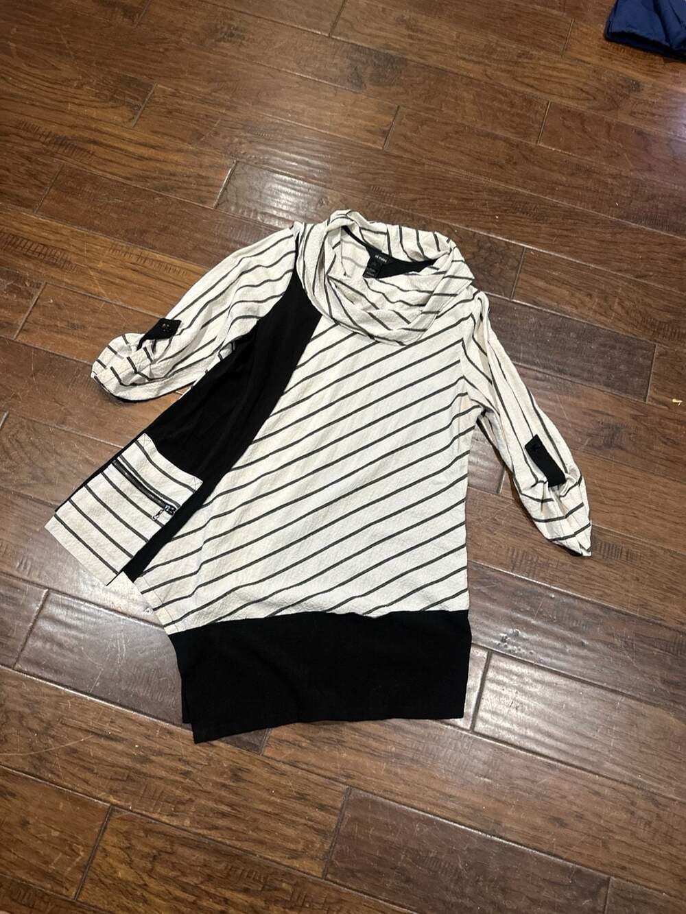 Ali Miles Mixed Print Stripe Asymmetric Cowl Neck Tunic
